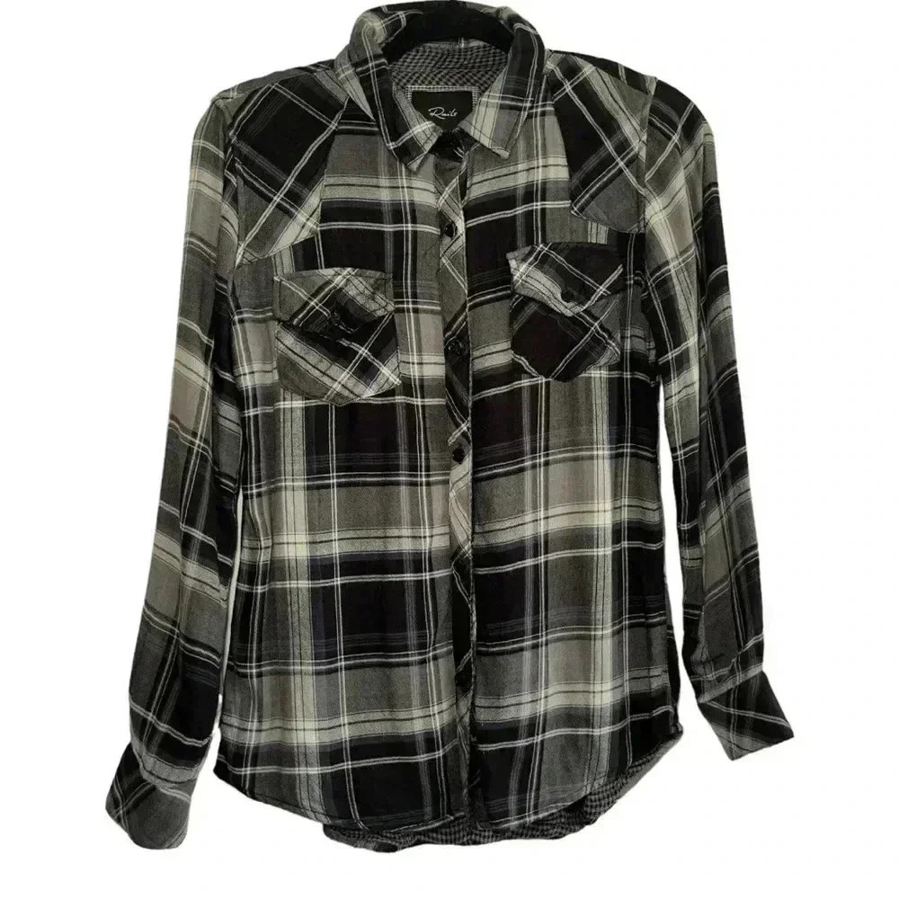 Rails Plaid Black White Blue Long Sleeve Tencel and  Rayon Size XS